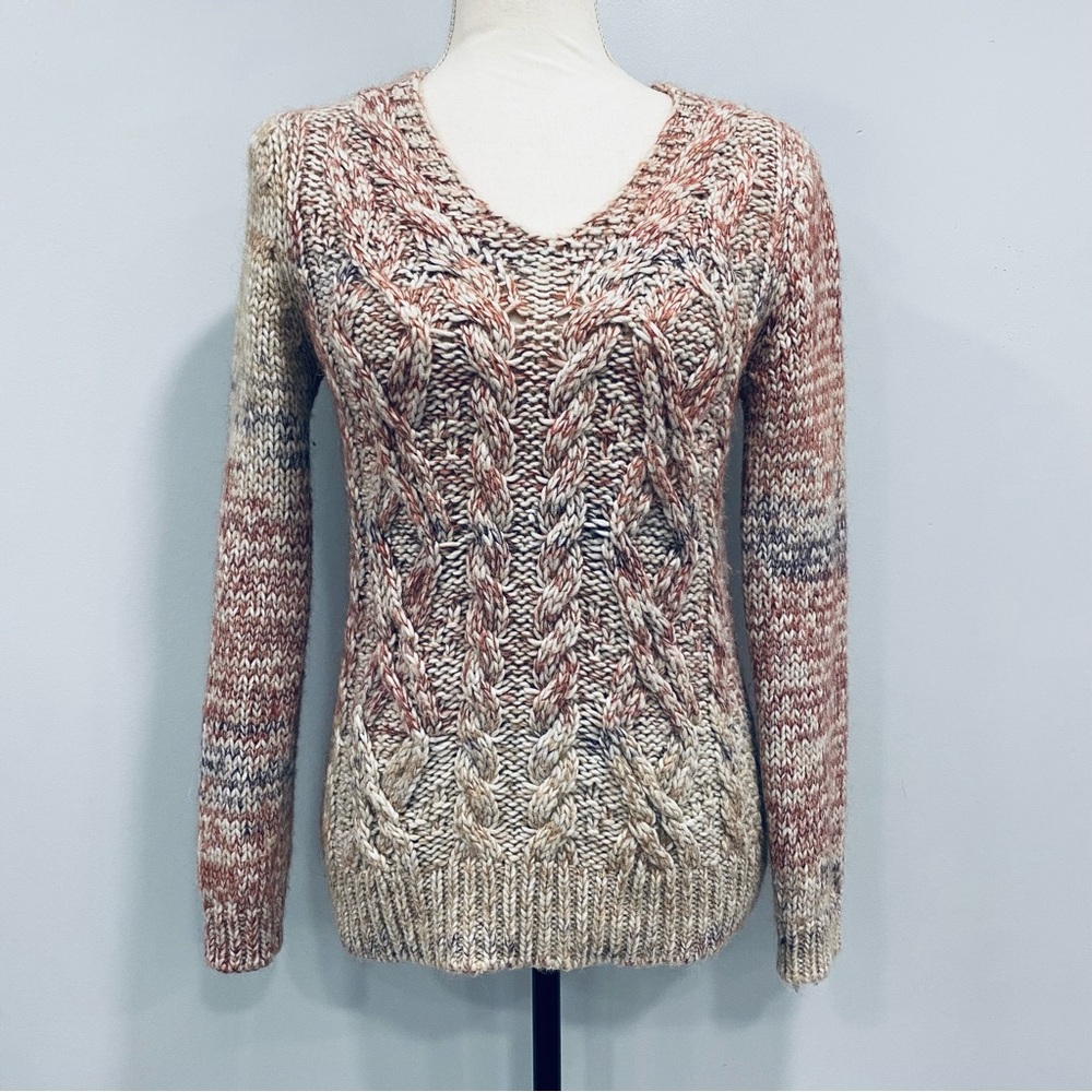 ELSAMANDA M Cream Pink Marled Alpaca Mohair Cable-Knit Warm Boho Sweater Italy